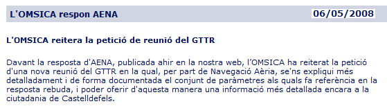 Noticia publicada en la web de la OMSICA donde se detalla que han solicitado a AENA que se convoque una nueva reunión del GTTR para tratar el uso de la configuración este en el aeropuerto del Prat (6 de Mayo de 2008)